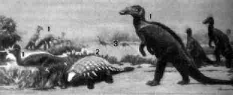 Гадрозавры, бронированный динозавр и плотоядный динозавр Struthiomimus